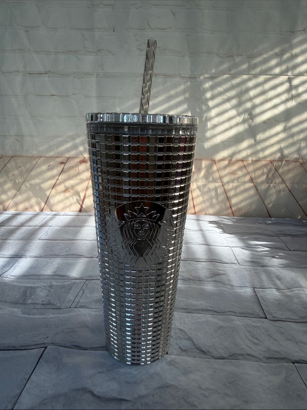 New STAR STARBUCKS holiday silver chrome grid  disco tumbler 24oz
